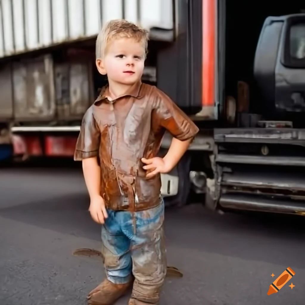 toddler boy in a truck depot