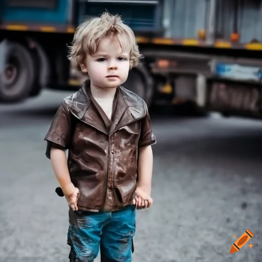 toddler boy in a truck depot