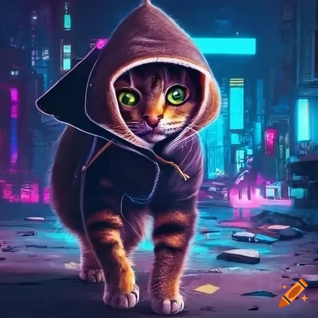 Hyperrealistic image of a small cat walking in a cyberpunk city with a