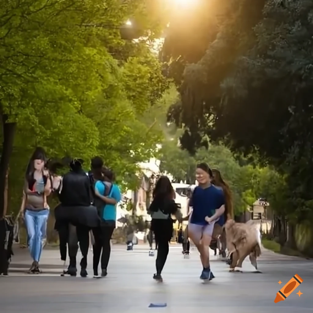 college students walking with an anteater