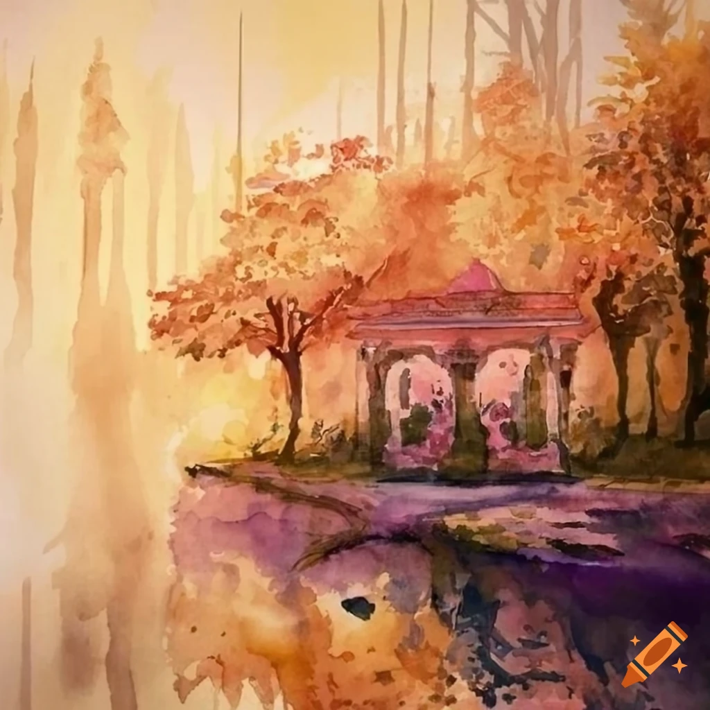beautiful aquarelle painting of a pink balcony overlooking a pond in a Victorian garden
