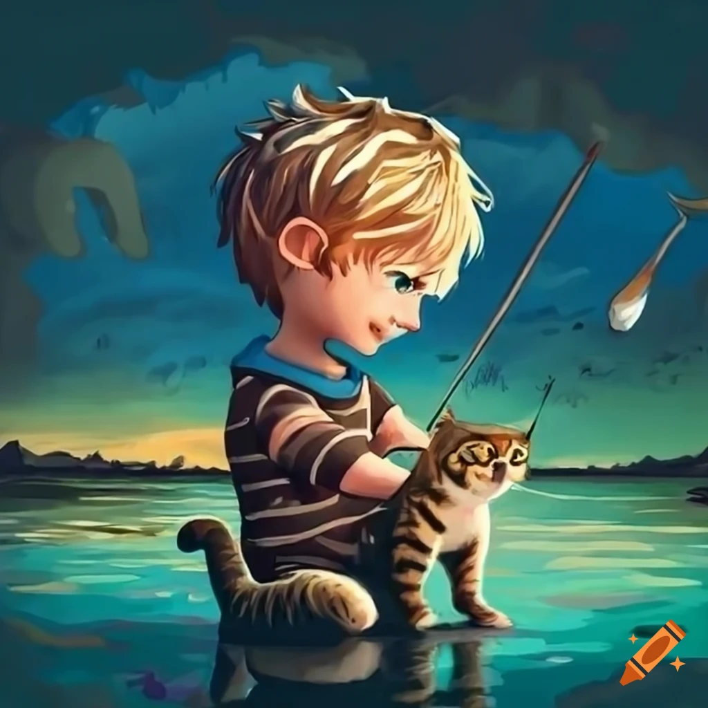 Boy fishing with his cat on Craiyon