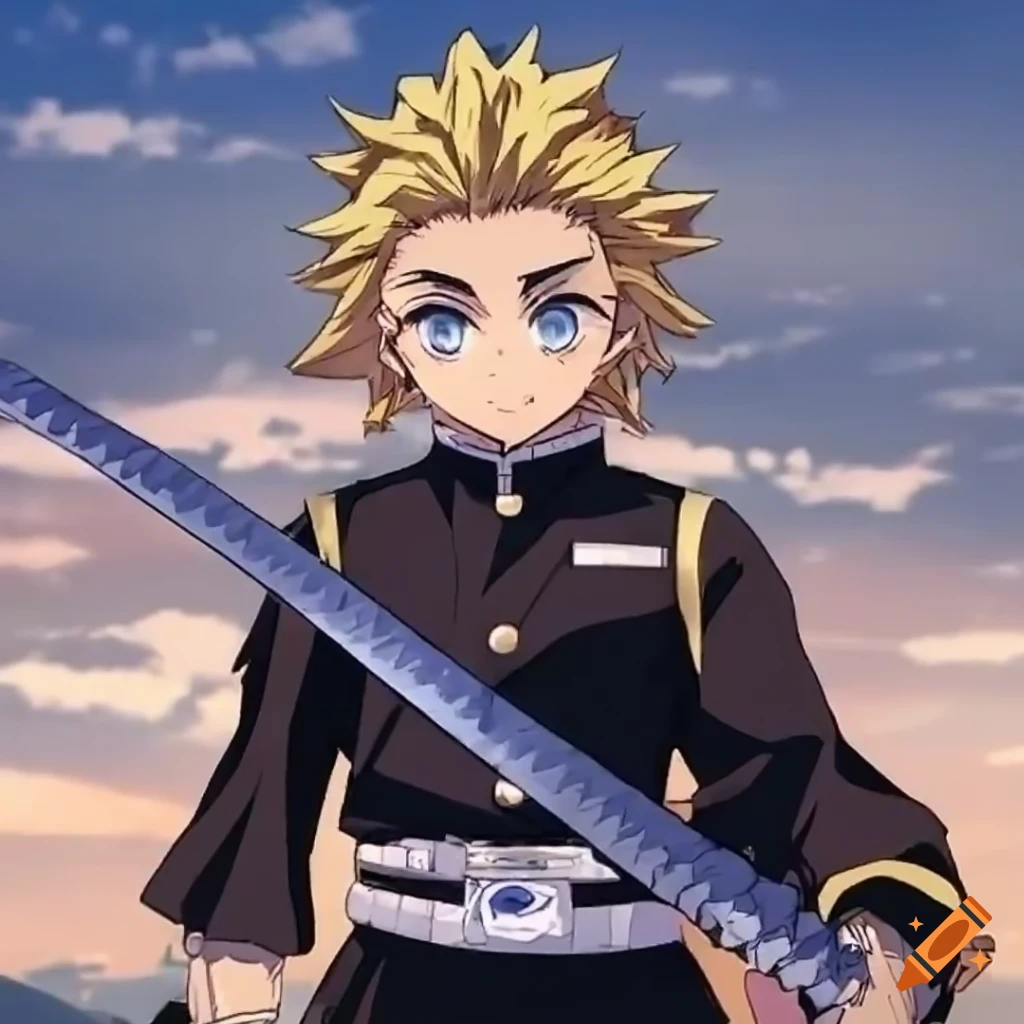 anime style depiction of a blue-eyed male teenager with a katana