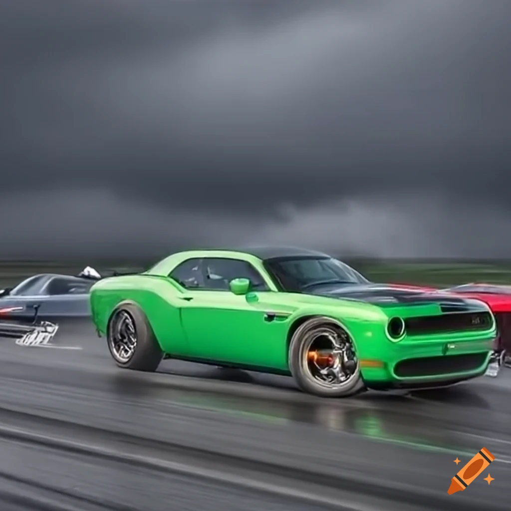 Green dodge demon at a drag strip under dark clouds on Craiyon