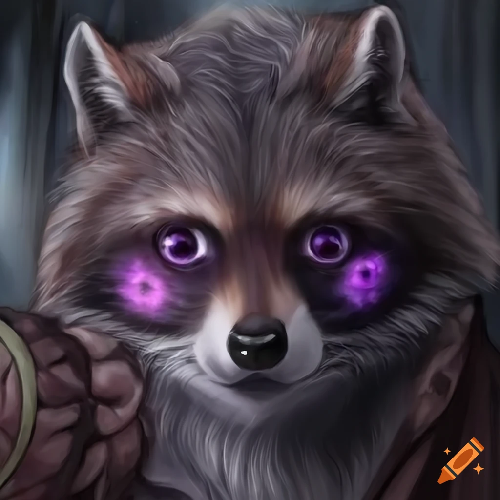 anthropomorphic raccoon ninja with purple eyes