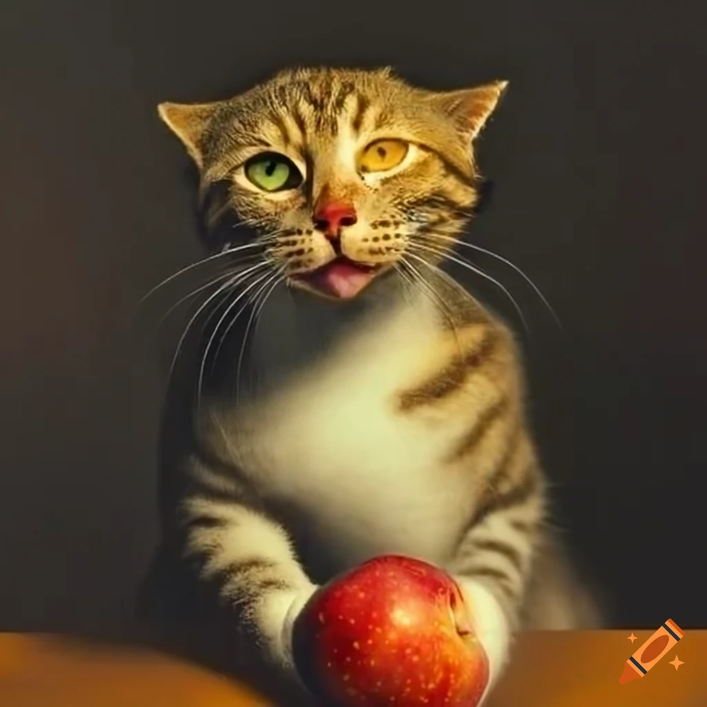 Surreal art of a cat eating an apple on Craiyon