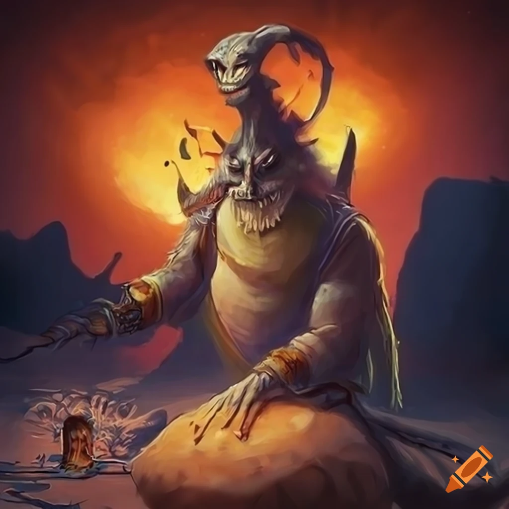 fantasy artwork of a cowardly pet beast in the desert