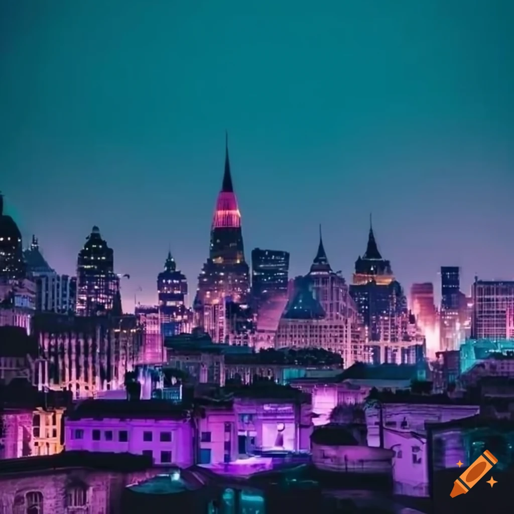 City skyline illuminated with teal and purple lights at night on Craiyon