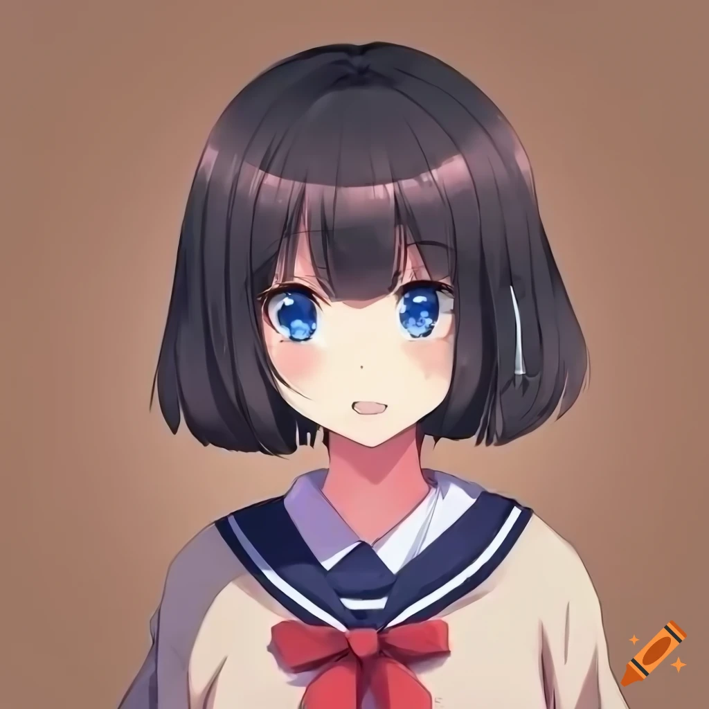 anime portrait of a Japanese schoolgirl with short black hair and blue eyes