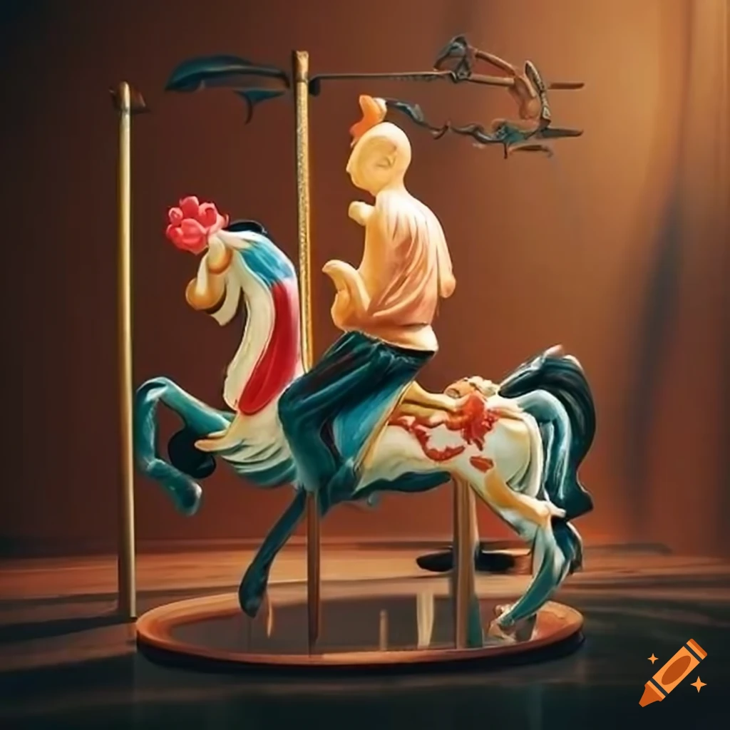 man riding a rooster carousel