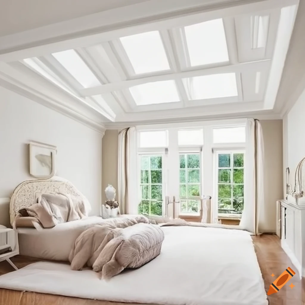 Luxurious white marble bedroom with large windows and a cozy bed