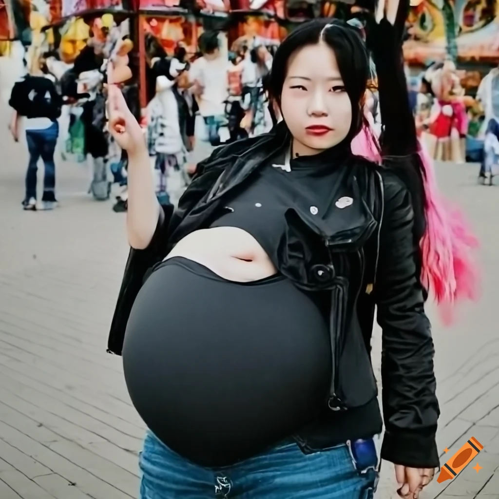 Photo Of A Chinese Pregnant Woman With A Punk Style And A Giant Belly At A Theme Park On Craiyon