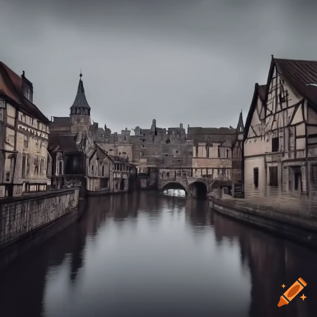 medieval-village-with-multi-story-buildings-canal-and-bridge-on-craiyon