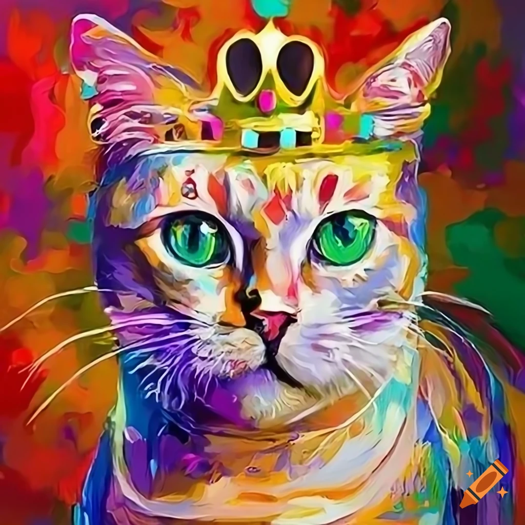 Colorful oil painting of a cat wearing a crown on Craiyon