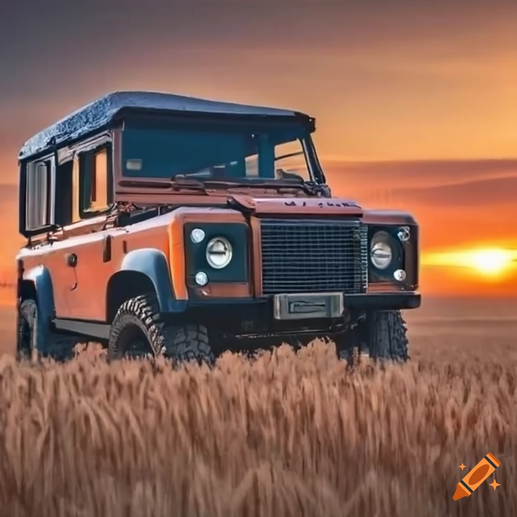 Land rover defender 110 parked in a wheat field at sunset