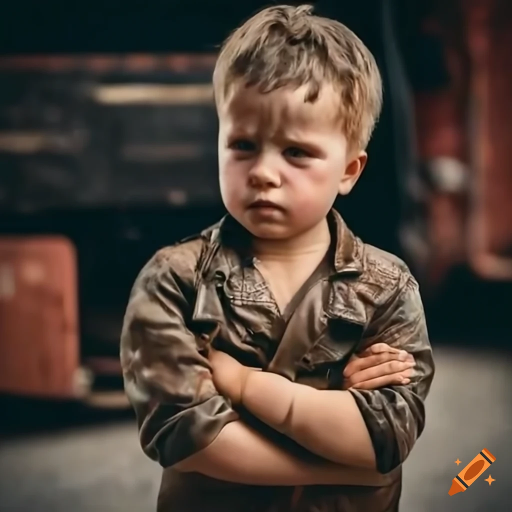 toddler boy dressed as a trucker in a truck depot