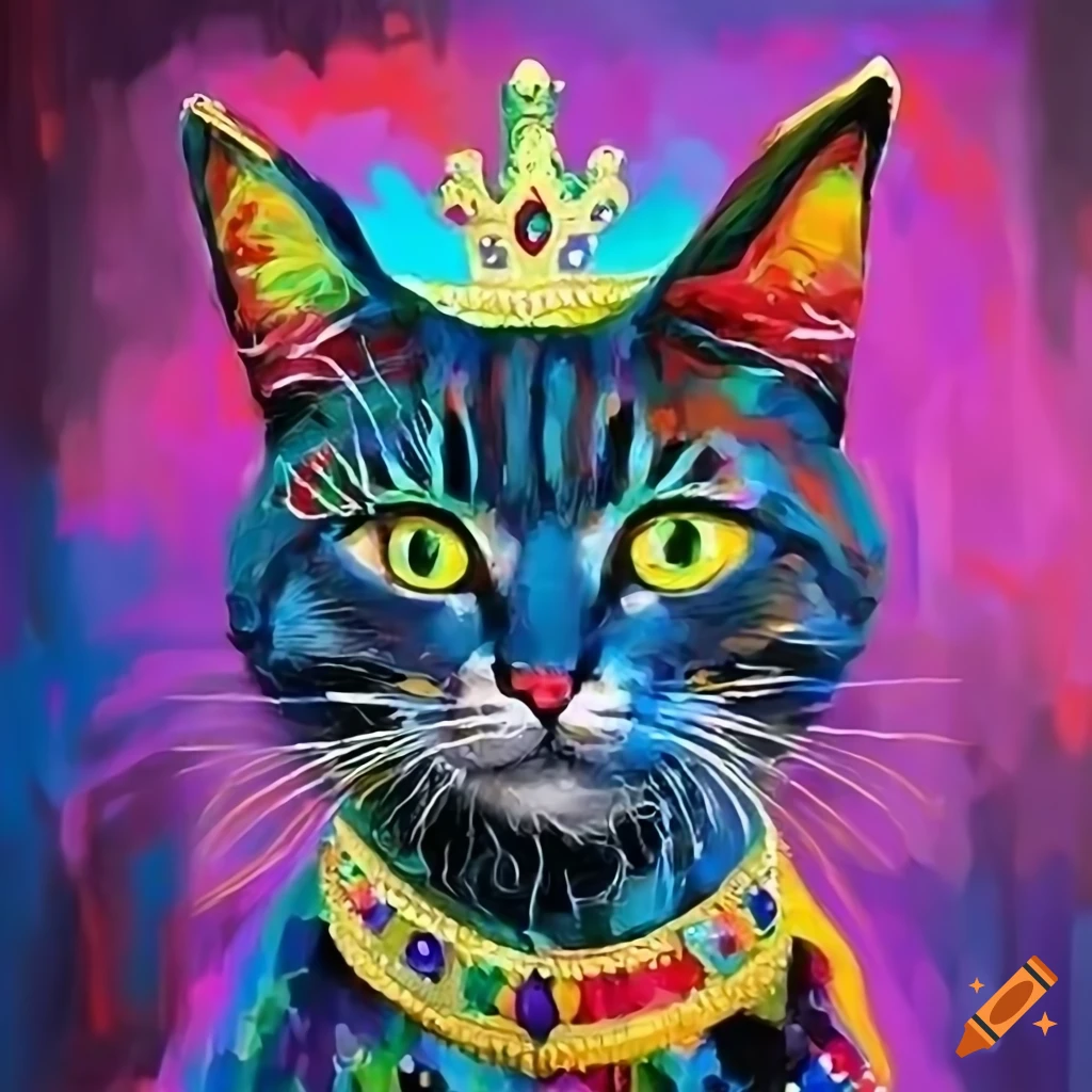 Colorful oil painting of a cat wearing a crown