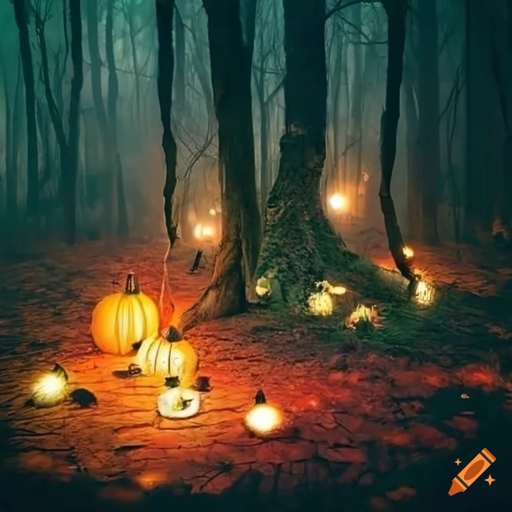 Enchanted forest with pumpkins and fairy lights on Craiyon