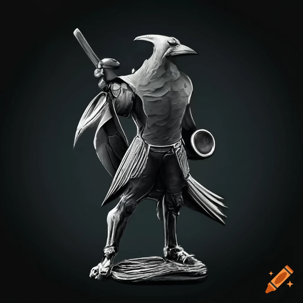 black and white wax seal art of a raven holding a sword in a temple