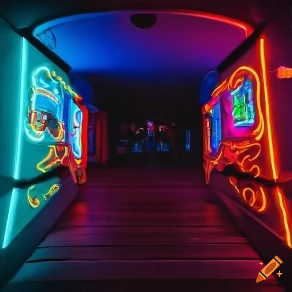 glowing neon sign at Apollyon's Arcade entrance