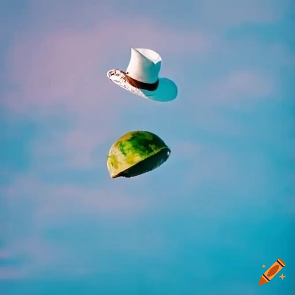 whale made of watermelon flying in the sky with a hat