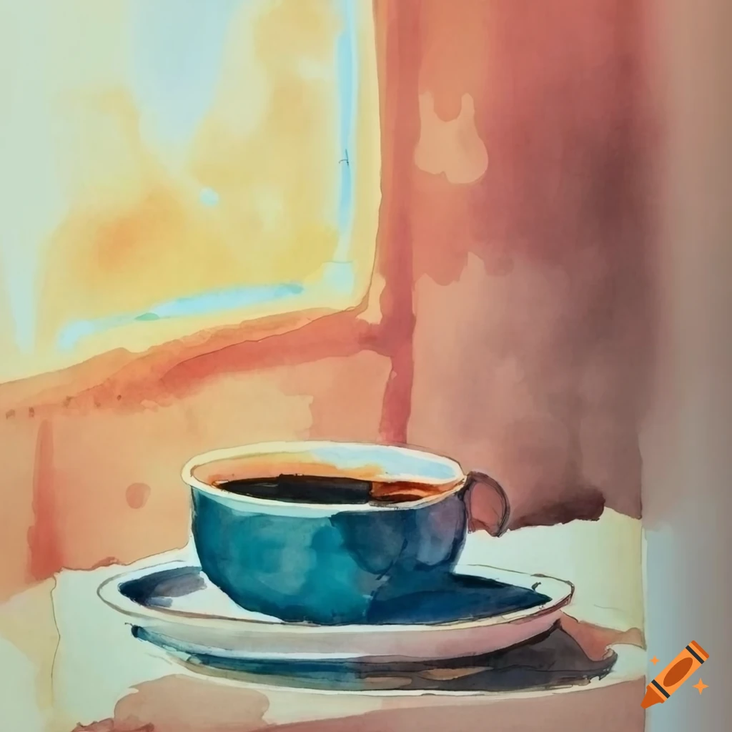 Ink and watercolor artwork of two people having coffee by a window