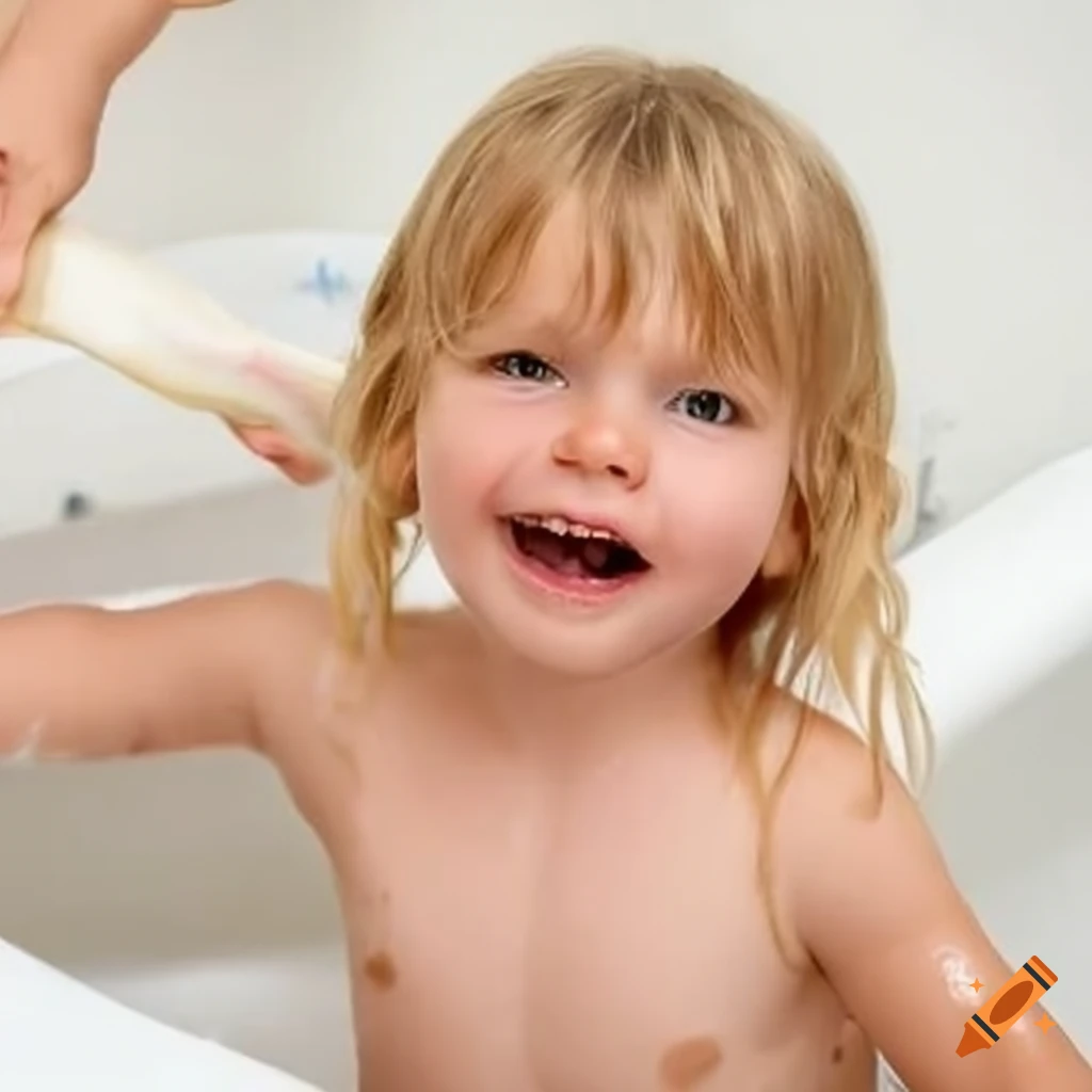 toddler girl with blonde pigtails enjoying bath time