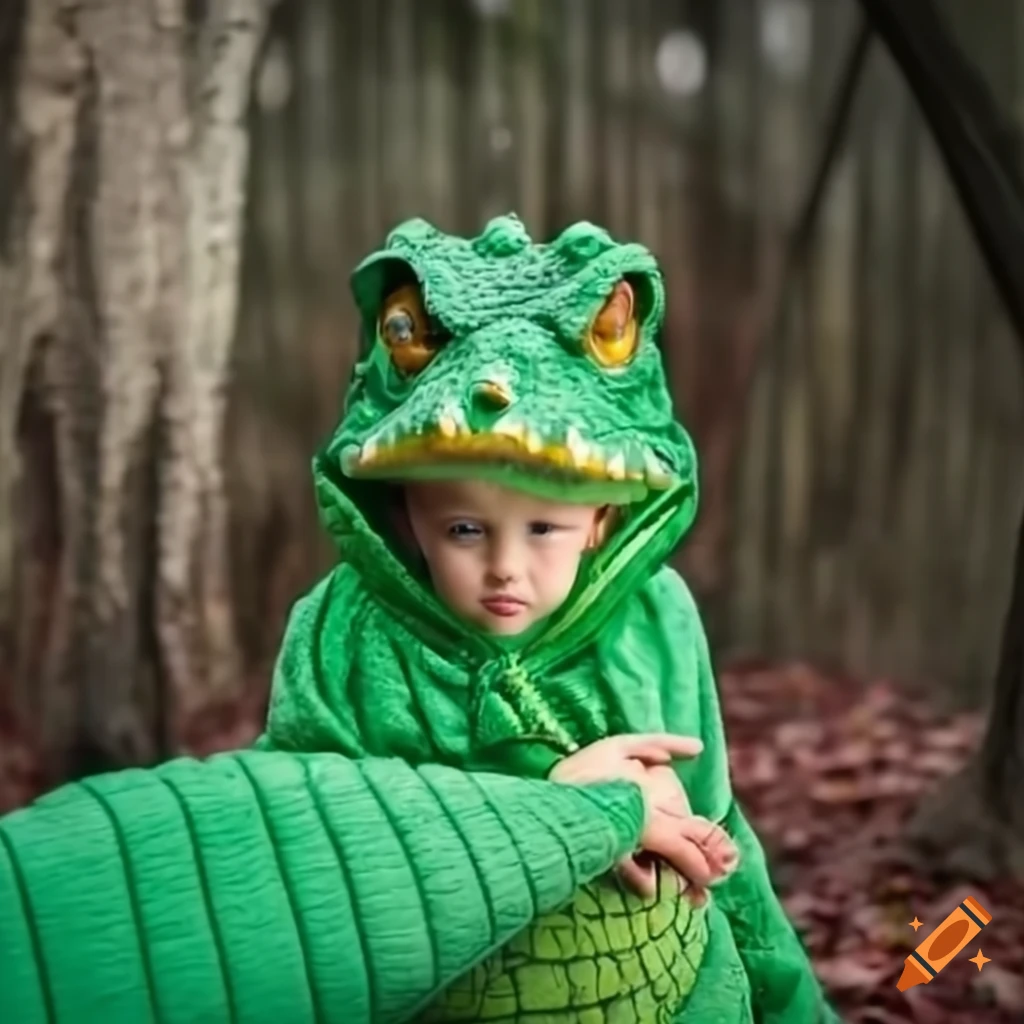 Child in a green crocodile costume on Craiyon