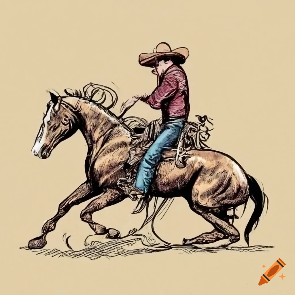 vintage pen drawing of a cowboy riding a horse at a rodeo