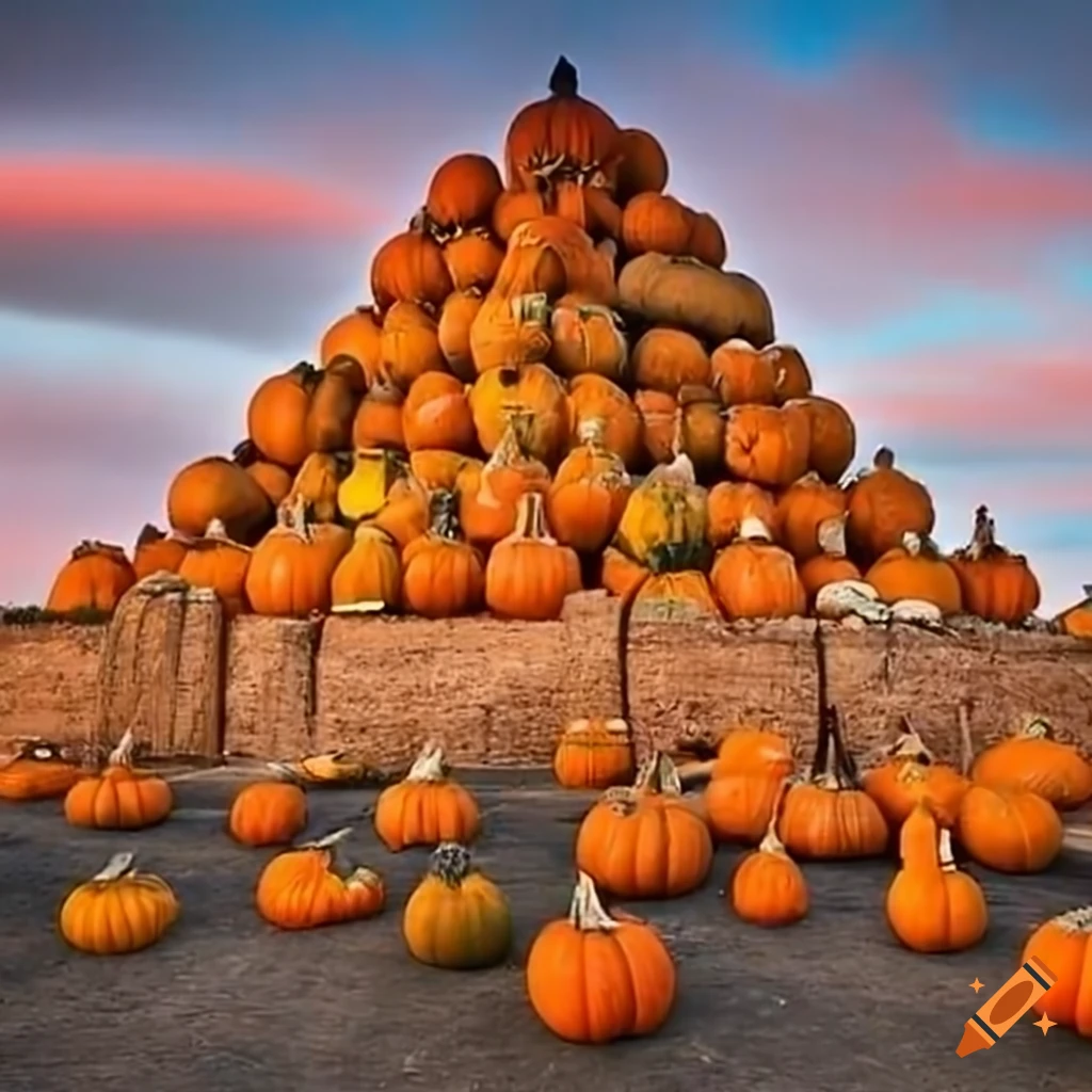 impressive art installation with a pyramid of pumpkins