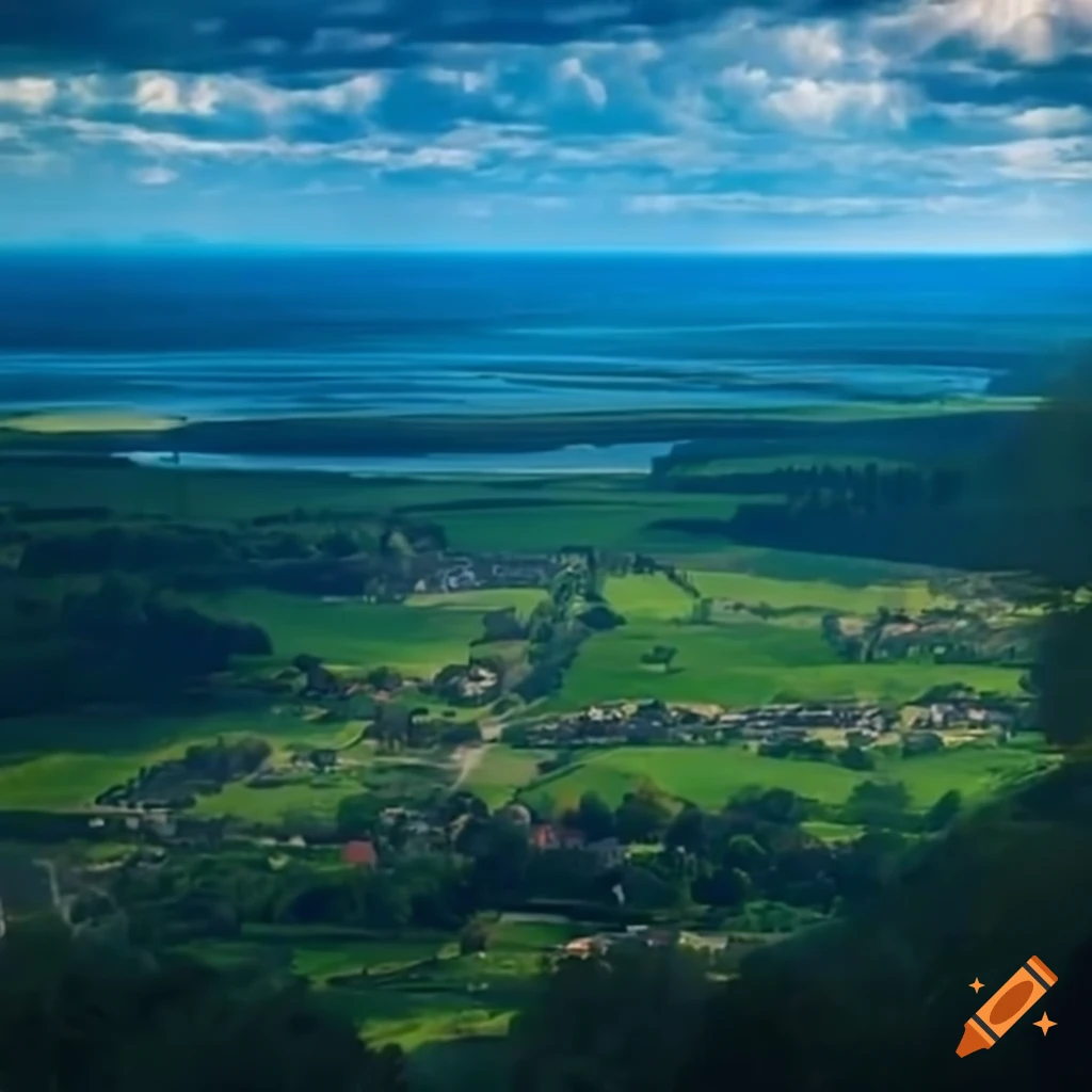 scenic view of an American colonial town surrounded by farmland and forests