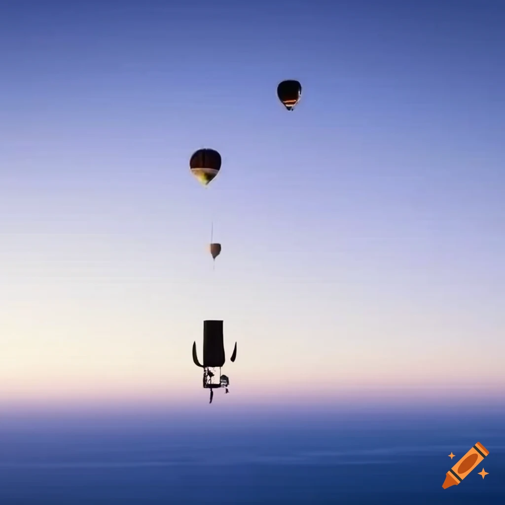 a colorful landscape with a hot air balloon and weather elements