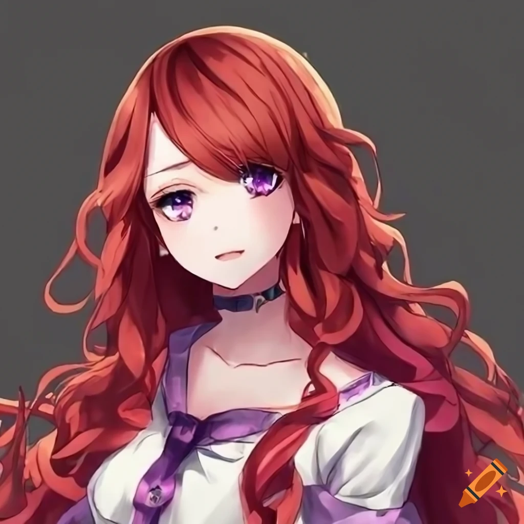 anime girl with long curly red hair and purple eyes