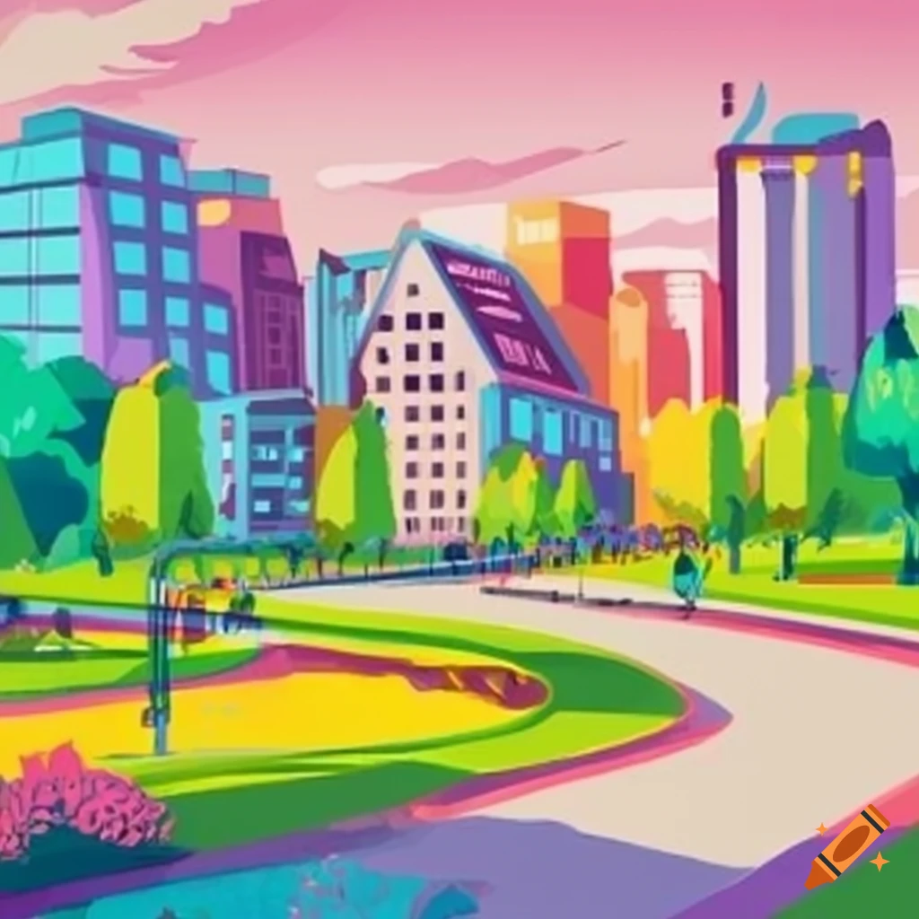 Colorful illustration of a park in the city on Craiyon