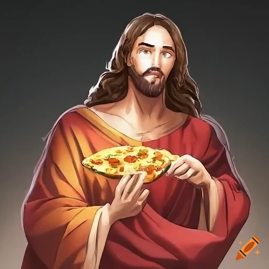 Depiction of jesus eating pizza on Craiyon