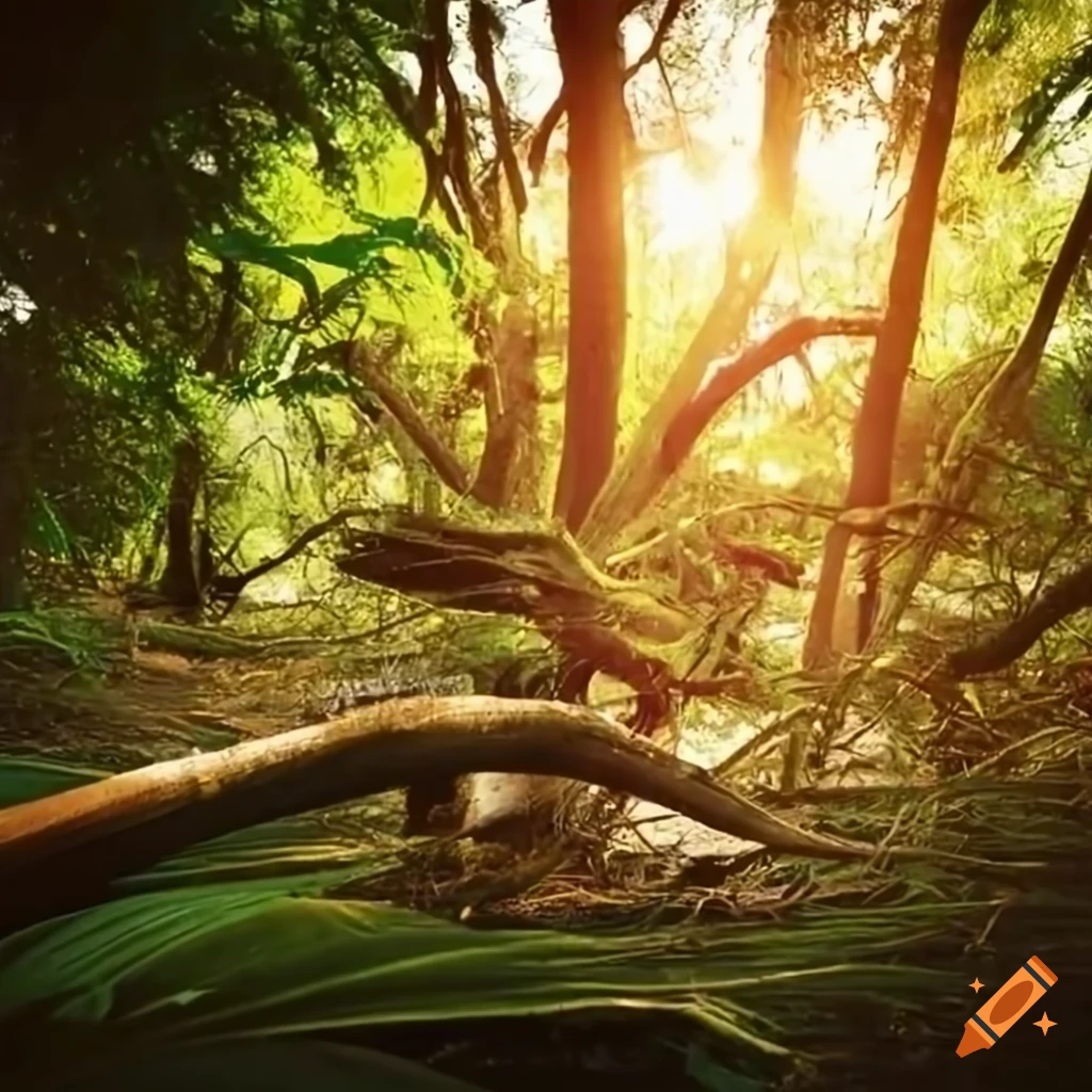 sunlit-fallen-palm-trees-in-the-woods-on-craiyon