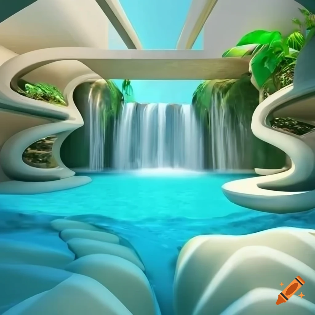 surreal 3d rendering of an underwater spa with waterfalls