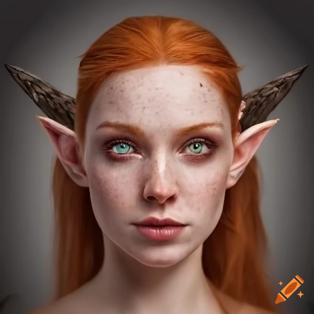 portrait of a ginger-haired elven woman with green eyes and freckles
