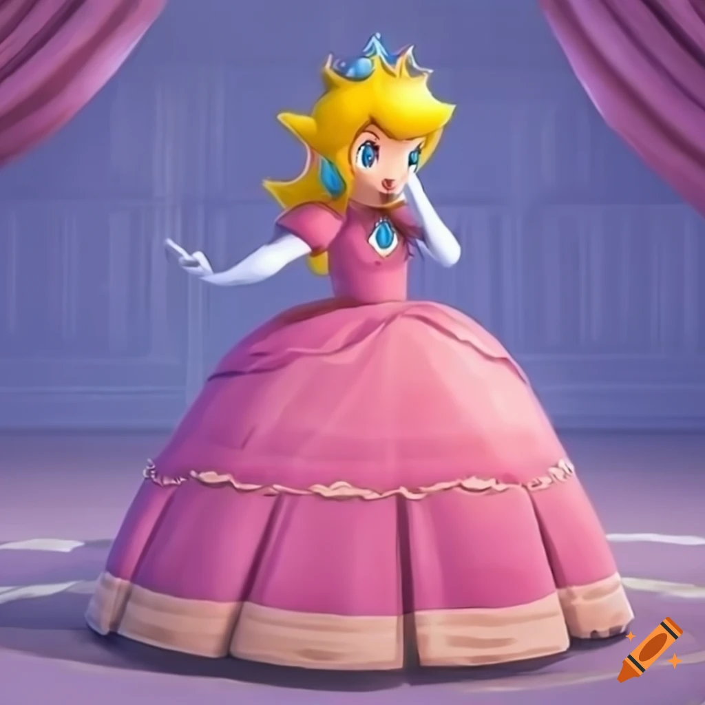 Link inspecting princess peach's ballgown on a dress dummy on Craiyon