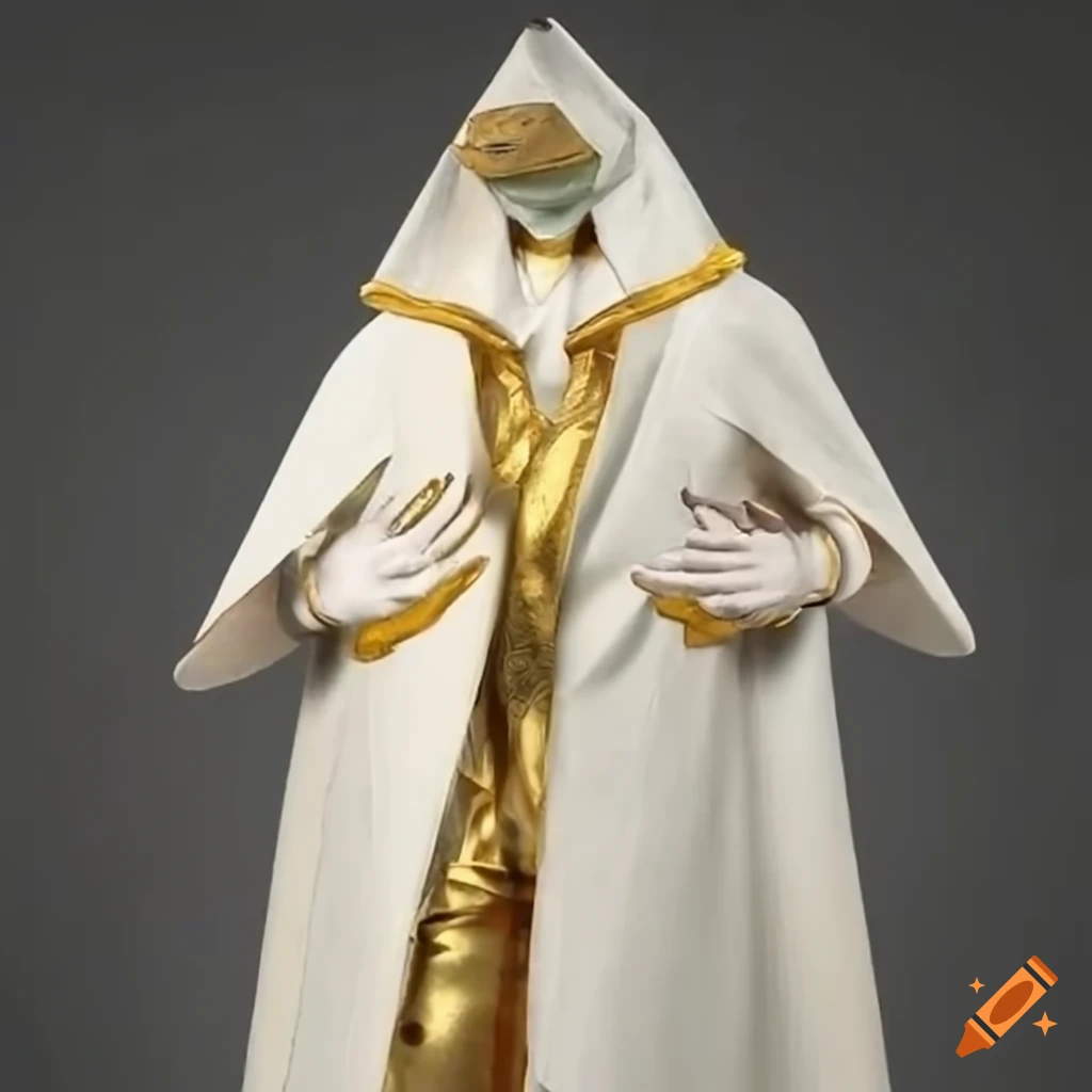 Cosplay of metamente wearing a white and gold suit