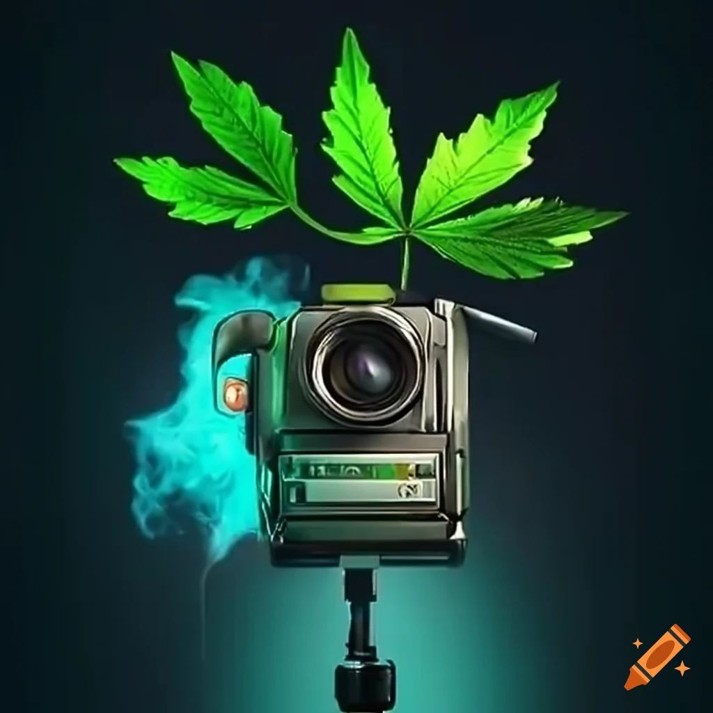 illustration of a weed leaf holding a camcorder
