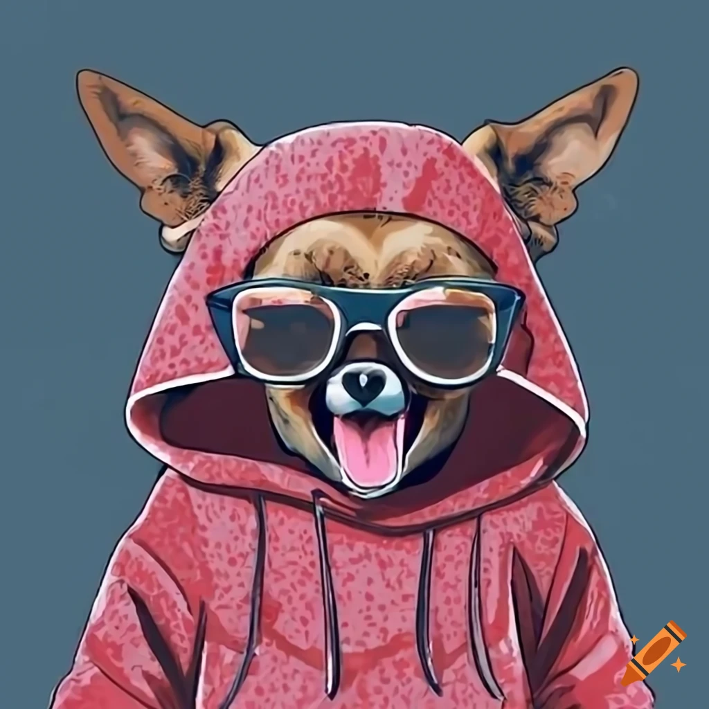 Chihuahua dog wearing a hoodie and sunglasses on Craiyon