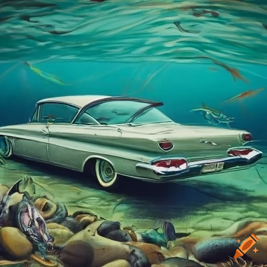 Pencil drawing of a vintage buick car underwater on Craiyon