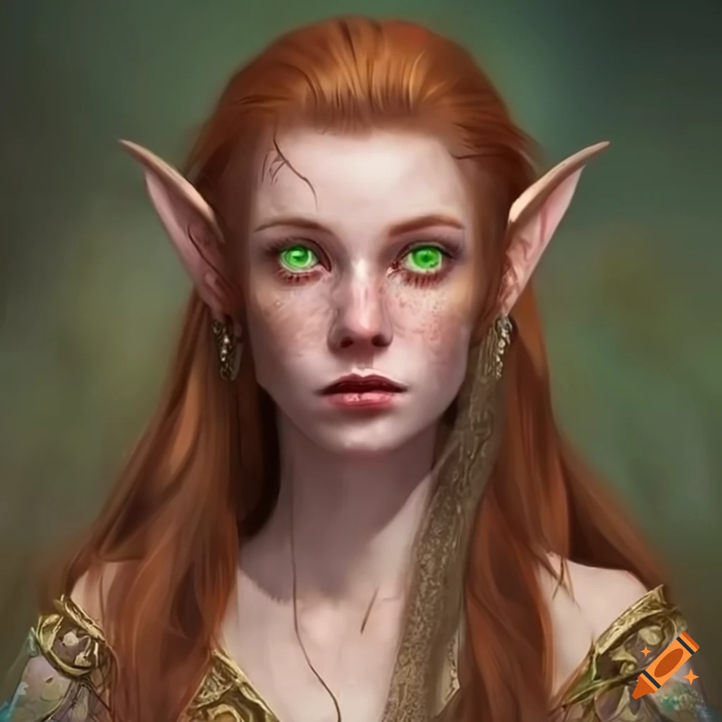 portrait of an auburn haired elven woman with green eyes and freckles