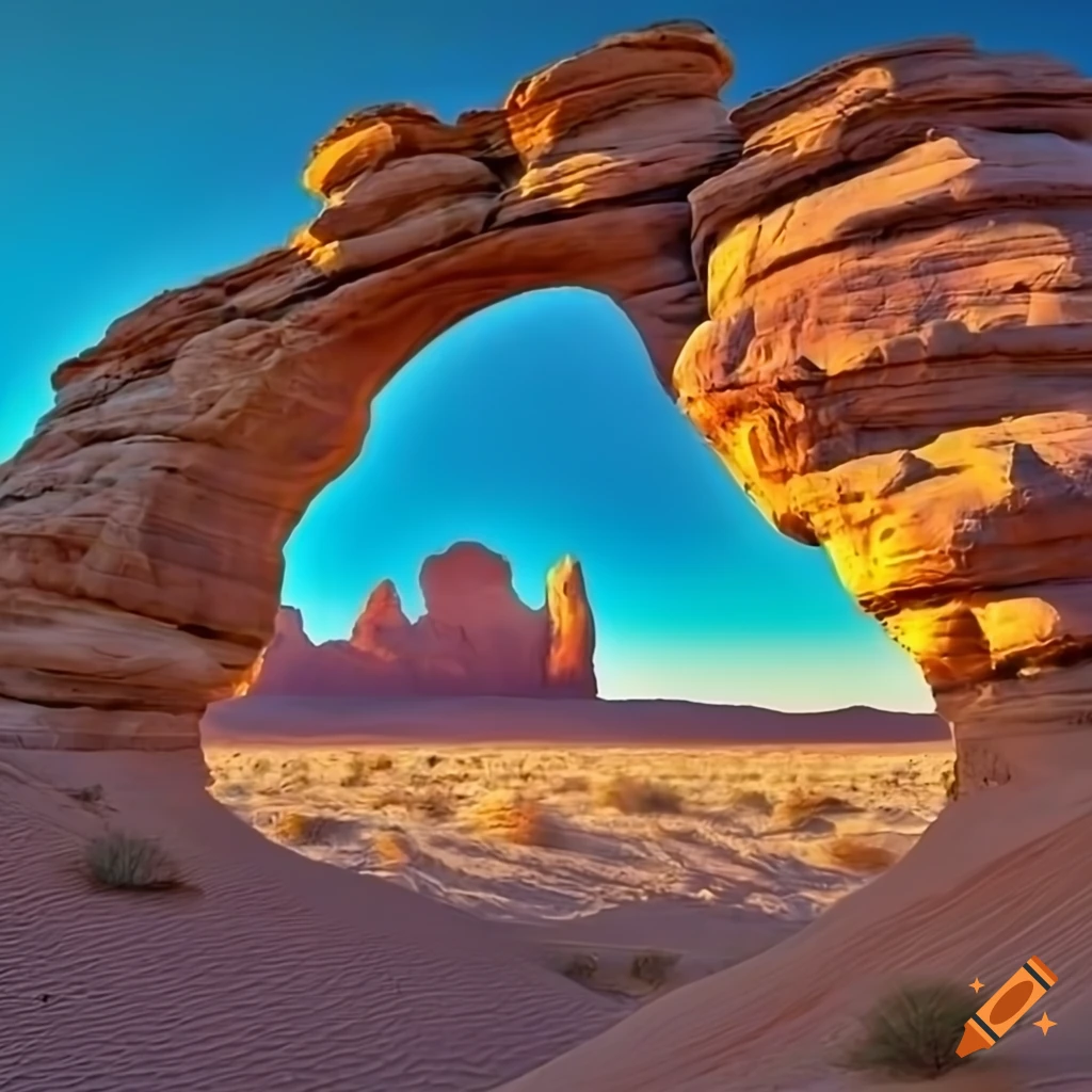 photograph of a stone arch in the desert with blue sky
