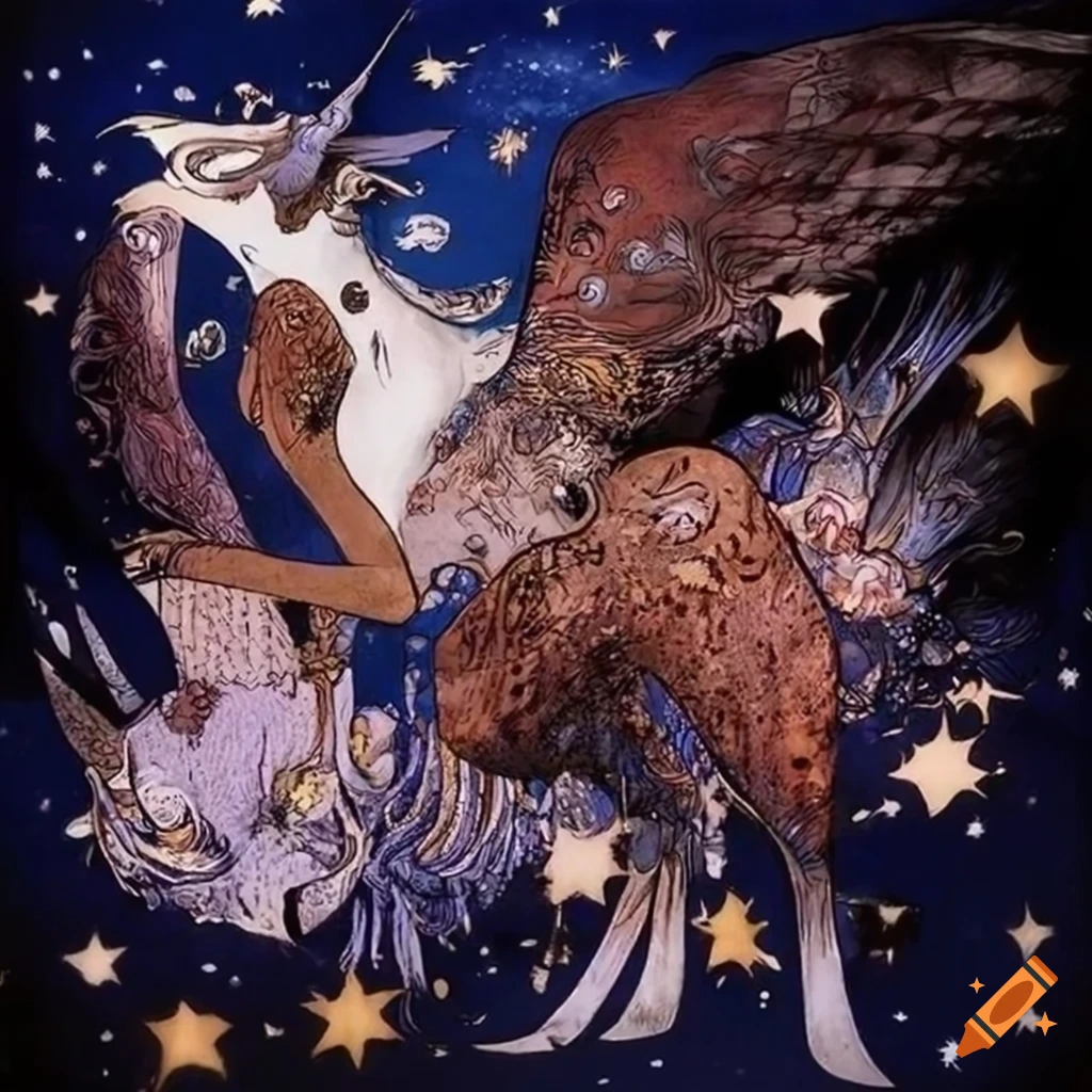 artwork of animal constellations inspired by Yoshitaka Amano