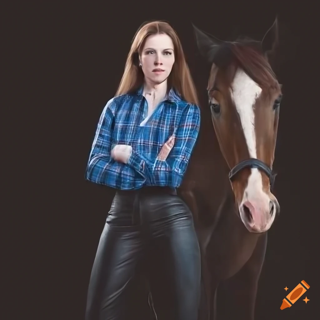 close up photograph of a horse-rider in blue plaid shirt and black leather trousers