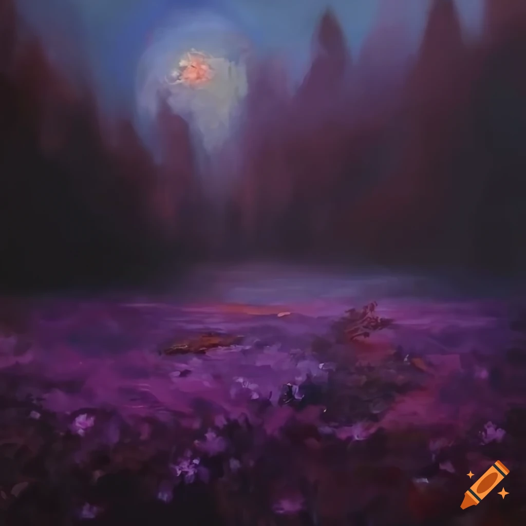 painting-of-a-purple-flower-field-with-fire-in-the-background