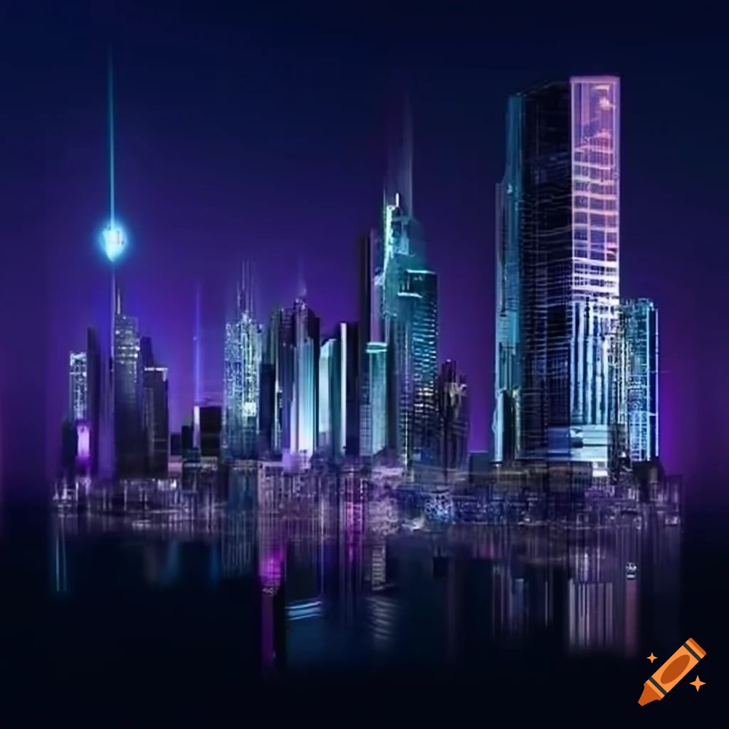 Futuristic cityscape with skyscrapers and dazzling lights on Craiyon