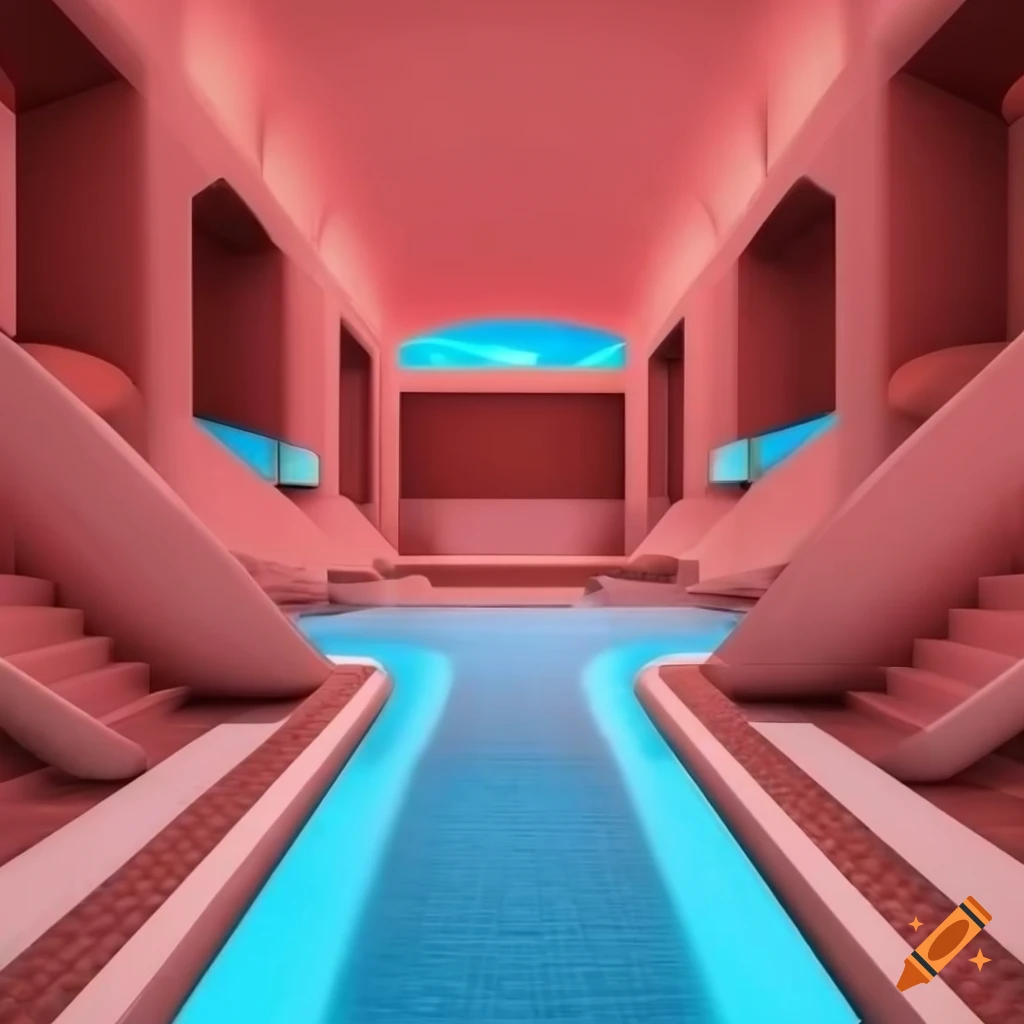 surreal spa interior with pools and waterfalls
